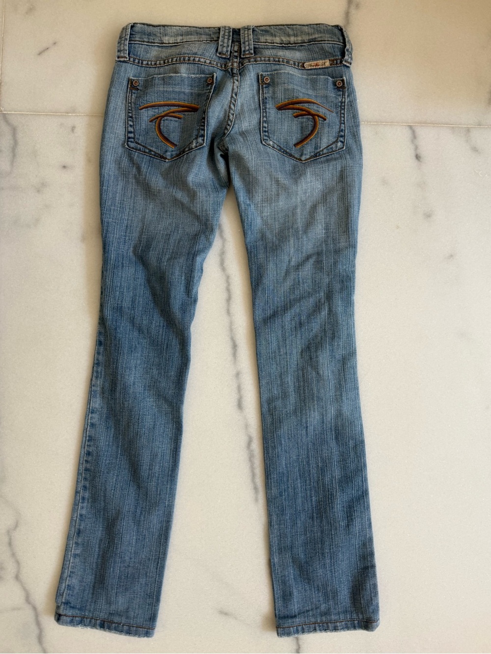 Frankie B. Light Blue Boot Cut Jeans with Brown Pocket Embroidery